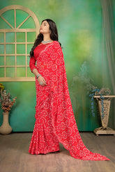 Red Color Bandhni Print Mirror Work Saree For Wedding
